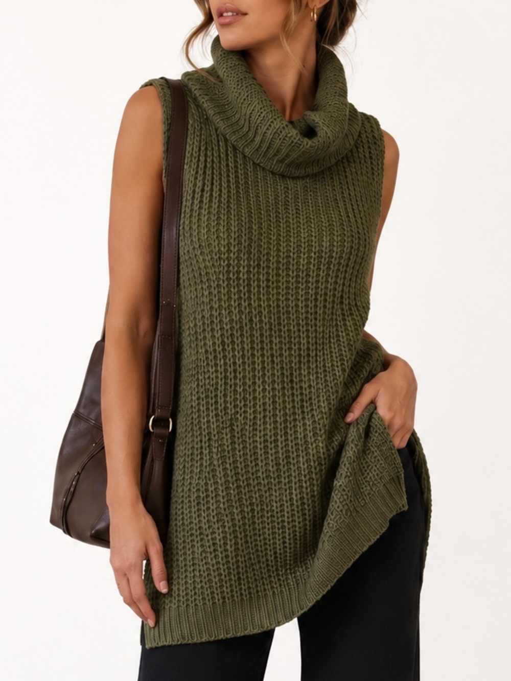 POOF! Olive Green Chunky Knit Cowl Neck Sleeveless Tunic Sweater Medium